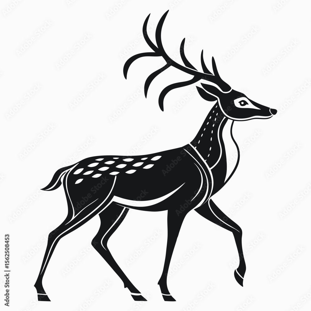 Fototapeta premium Elegant Black and White Deer Illustration with Antlers and Spotted Pattern