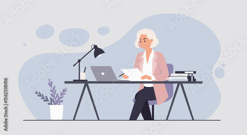 a woman sitting at a desk with a laptop, surrounded by books and a potted plant, with a lamp on the desk. Suitable for landing page, banner, marketing, web design, presentation, infographic, etc.