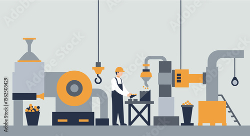 A male factory worker oversees a streamlined industrial process, operating machinery and ensuring efficiency in a modern manufacturing plant.
