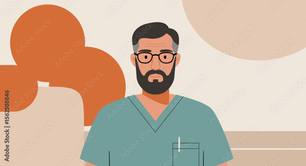 Fototapeta premium A flat design illustration depicts a professional man with a beard and glasses, possibly a doctor or specialist, set against an abstract background for marketing and business presentations.