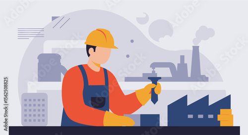A male industrial worker wearing a safety helmet and gloves carefully inspects a part in a factory setting, with industrial buildings and smokestacks in the background, illustrating manufacturing and