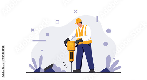 A construction worker, wearing a safety vest and helmet, utilizes a jackhammer to break up rocks on a construction site, illustrated with a vector graphic.