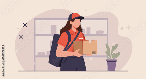 Flat design illustration of a delivery woman holding a package, ideal for e-commerce websites, landing pages, banners, and marketing presentations.