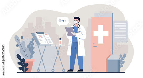 A healthcare professional wearing a face mask and stethoscope reviews patient information in a modern clinic setting, emphasizing safety and medical expertise.