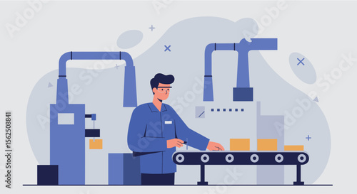 a man in a blue uniform operating a conveyor belt with various industrial machinery in the background. Suitable for landing page, banner, marketing, web design, presentation, infographic, etc.