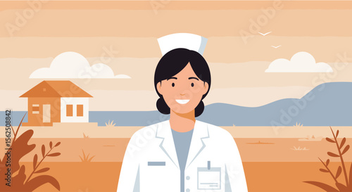 A friendly female healthcare worker in uniform smiles warmly against a serene landscape with a house and hills, representing community care and well-being.