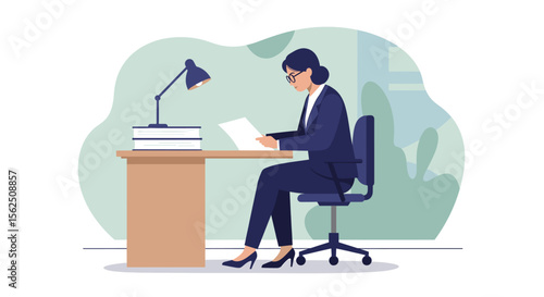 An illustration depicts a focused businesswoman sitting at her office desk, meticulously reviewing documents under the soft glow of a lamp.
