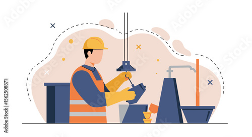 An illustration depicts a construction worker in safety gear operating machinery in a factory environment, emphasizing industrial processes and labor.
