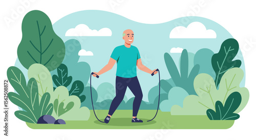 A smiling man is jogging with a jump rope in a lush, green park with trees and clouds in the background. Suitable for landing page, banner, marketing, web design, presentation, infographic, etc.