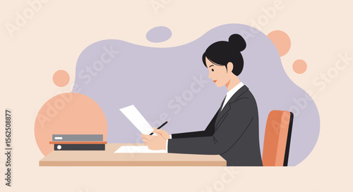 a woman in a business suit sitting at a desk, focused on reading a document and writing on it with a pen. Suitable for landing page, banner, marketing, web design, presentation, infographic, etc.