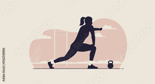 a silhouetted figure of a person performing a lunge exercise, with a kettlebell in the background. Suitable for landing page, banner, marketing, web design, presentation, infographic, etc.