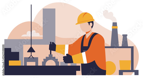 An industrial flat design illustration depicts a worker in a factory setting, operating machinery with precision and focus, highlighting safety measures and production.