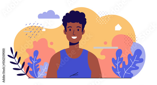 a smiling man with curly hair, wearing a blue tank top. Suitable for landing page, banner, marketing, web design, presentation, infographic, etc.
