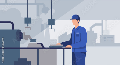 An illustration depicts a factory worker in blue uniform and hard hat operating machinery in a manufacturing plant, showcasing industry and technology.