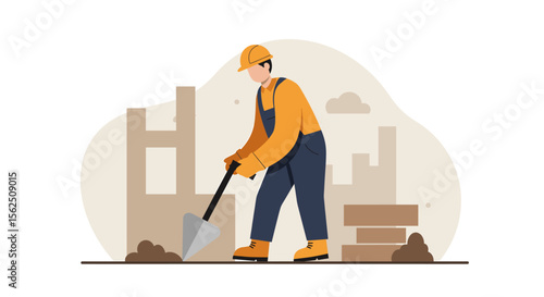 A construction worker in orange overalls uses a shovel to dig at a new building site, preparing the foundation for a house or other structure.