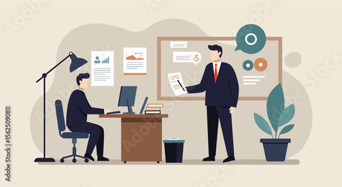 A businessman gives a presentation to his colleague in a modern office setting, showcasing important business documents and charts during a productive workday meeting.