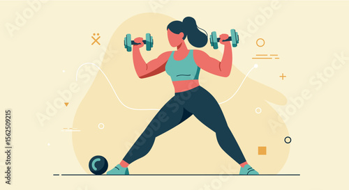 a woman engaged in a weightlifting exercise, holding dumbbells in each hand. Suitable for landing page, banner, marketing, web design, presentation, infographic, etc.