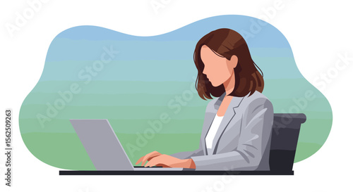 a woman sitting at a desk, focused on working on a laptop computer. Suitable for landing page, banner, marketing, web design, presentation, infographic, etc.