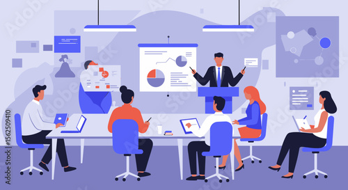 Modern business presentation with diverse team in a flat design style, showcasing data and strategy on a large screen.