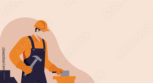 An animated illustration depicts a construction worker in an orange uniform and hard hat, using a hammer to strike a metal object on a neutral, peach-colored background.