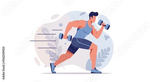 A stylized illustration depicts a fit man energetically training with dumbbells, symbolizing dedication to health and physical strength.