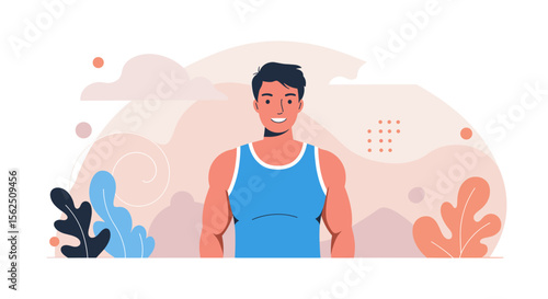 a smiling man in a blue tank top. Suitable for landing page, banner, marketing, web design, presentation, infographic, etc.