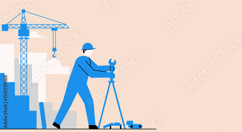 A construction worker in a blue uniform uses surveying equipment on a building site with a crane and abstract building silhouettes, representing development.