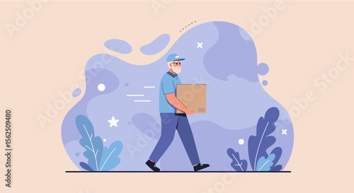 A senior delivery man in a blue uniform walks with a cardboard box, set against an abstract background with floral elements, showcasing modern logistics.
