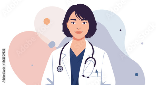 a woman with short dark hair, wearing a white coat and a stethoscope around her neck. Suitable for landing page, banner, marketing, web design, presentation, infographic, etc.