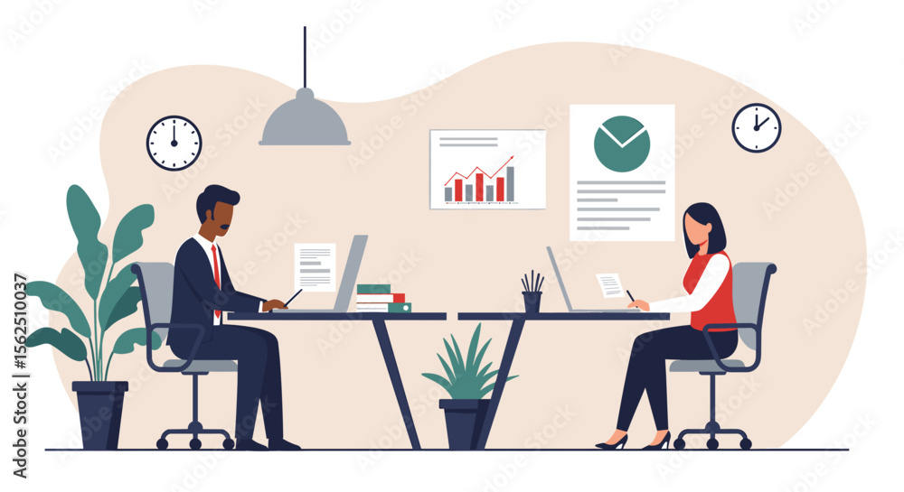 Two individuals are depicted working at desks in an office setting, surrounded by office equipment and decor. Suitable for landing page, banner, marketing, web design, presentation, infographic, etc. Two individuals are depicted working at desks in an office setting, surrounded by office equipment and decor. Suitable for landing page, banner, marketing, web design, presentation, infographic, etc.