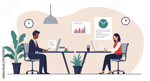 Two individuals are depicted working at desks in an office setting, surrounded by office equipment and decor. Suitable for landing page, banner, marketing, web design, presentation, infographic, etc.