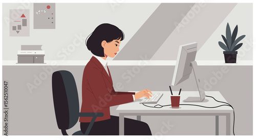 a woman in a red jacket sitting at a desk, working on a computer with a printer and a plant in the background. Suitable for landing page, banner, marketing, web design, presentation, infographic, etc.