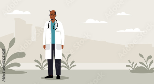 a doctor in a white coat and stethoscope standing outdoors with a cityscape in the background. Suitable for landing page, banner, marketing, web design, presentation, infographic, etc.