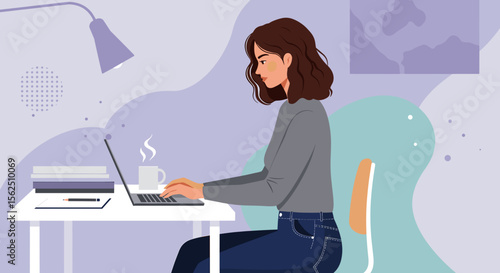 a woman seated at a desk, engrossed in work on a laptop, with a steaming mug of coffee beside her. Suitable for landing page, banner, marketing, web design, presentation, infographic, etc.