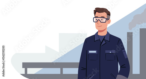 a man wearing a blue work jacket and glasses standing in front of a factory with smoke stacks. Suitable for landing page, banner, marketing, web design, presentation, infographic, etc.