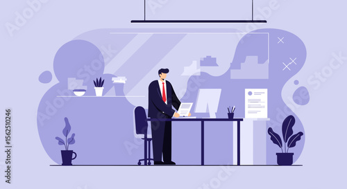 A man in a suit is standing at a desk in an office, working on a computer with a document in front of him. Suitable for landing page, banner, marketing, web design, presentation, infographic, etc.