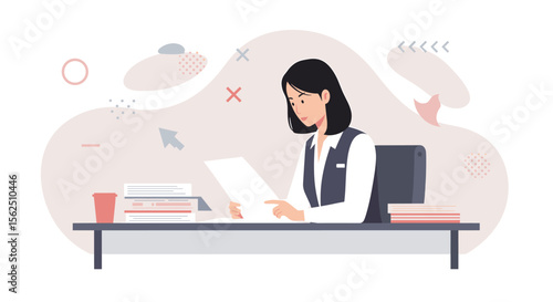 Flat design illustration of a businesswoman reviewing documents at her desk, ideal for landing page banners, marketing presentations, and web design projects.