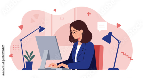 Modern flat design illustration of a woman working on a computer at her desk, perfect for web design and marketing presentations.