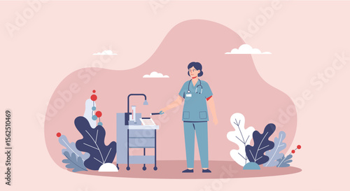 a nurse standing next to a medical equipment, with a backdrop of plants and a cloudy sky. Suitable for landing page, banner, marketing, web design, presentation, infographic, etc.