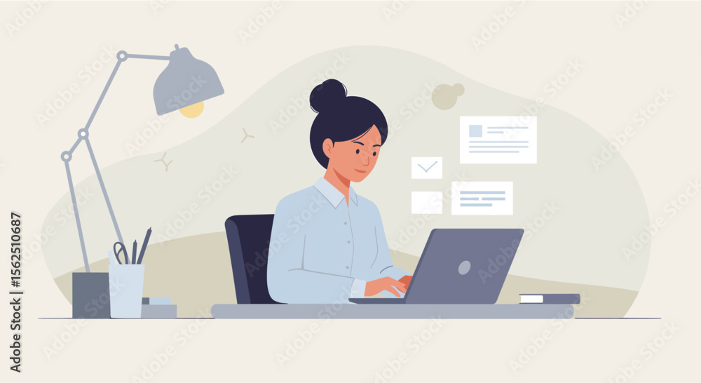 a woman seated at a desk, focused on her laptop, with a lamp and office supplies nearby. Suitable for landing page, banner, marketing, web design, presentation, infographic, etc. a woman seated at a desk, focused on her laptop, with a lamp and office supplies nearby. Suitable for landing page, banner, marketing, web design, presentation, infographic, etc.