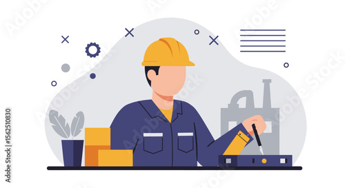 A flat design illustration depicts a male engineer in a hard hat and uniform, diligently working with industrial equipment in a factory setting.