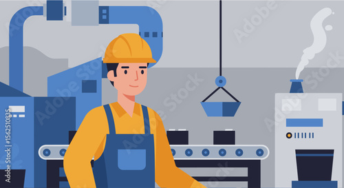 A flat design illustration depicts a factory worker in a yellow hard hat and overalls, smiling confidently while overseeing the production line with industrial machinery in a modern manufacturing