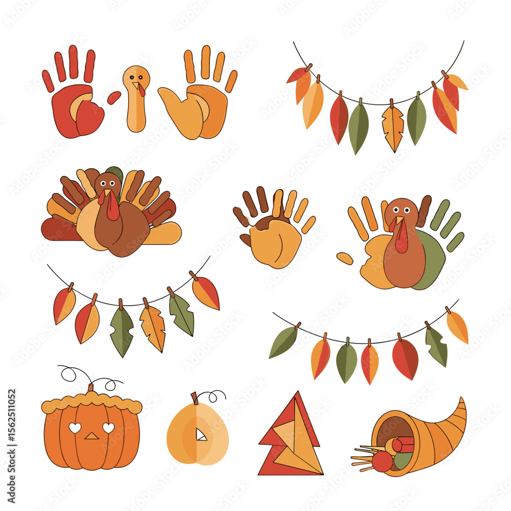 Fototapeta premium Thanksgiving Handprint Turkeys and Autumn Leaf Garlands