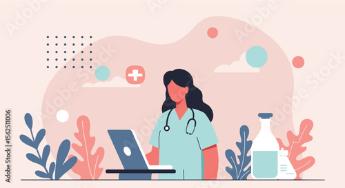 Flat design illustration of a healthcare professional using a laptop for her medical presentation, ideal for a landing page banner or marketing materials.