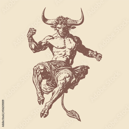 A fierce vintage illustration of a muscular Minotaur, depicted in mid-action with a powerful pose.