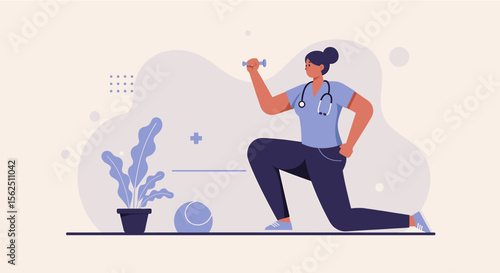 A female nurse in scrubs is shown in a lunge position, holding a syringe, in a flat design illustration perfect for healthcare marketing materials, landing pages, or presentations.