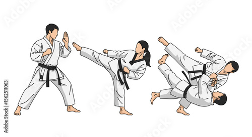 Three martial arts practitioners demonstrating karate techniques in white uniforms