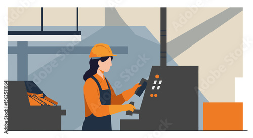 a female worker in a hard hat and safety gear operating a machine in a factory setting. Suitable for landing page, banner, marketing, web design, presentation, infographic, etc.