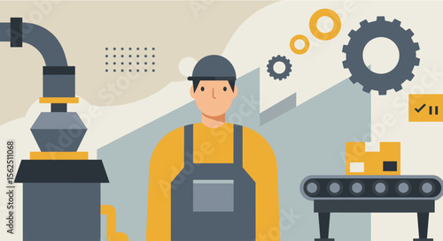 Modern flat design illustration of a factory worker overseeing a conveyor belt with boxes in a clean industrial setting.