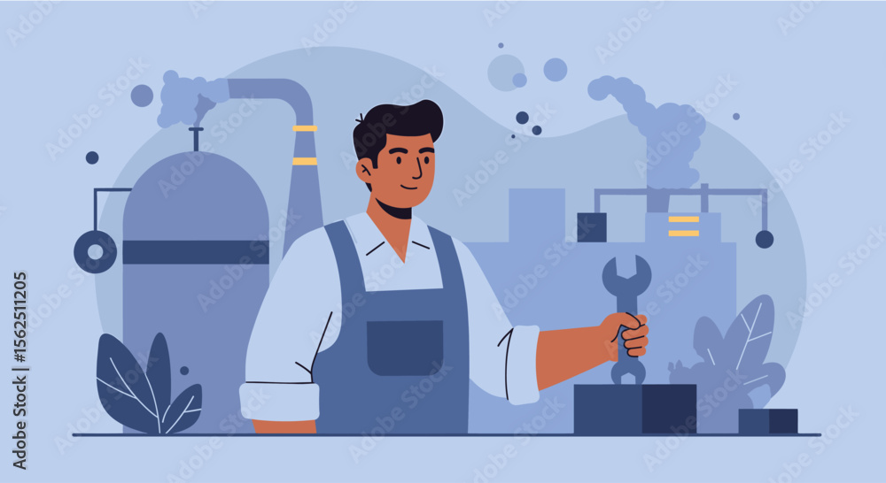 Skilled mechanic in overalls holding a wrench, ready for industrial maintenance work against a factory background. Skilled mechanic in overalls holding a wrench, ready for industrial maintenance work against a factory background.